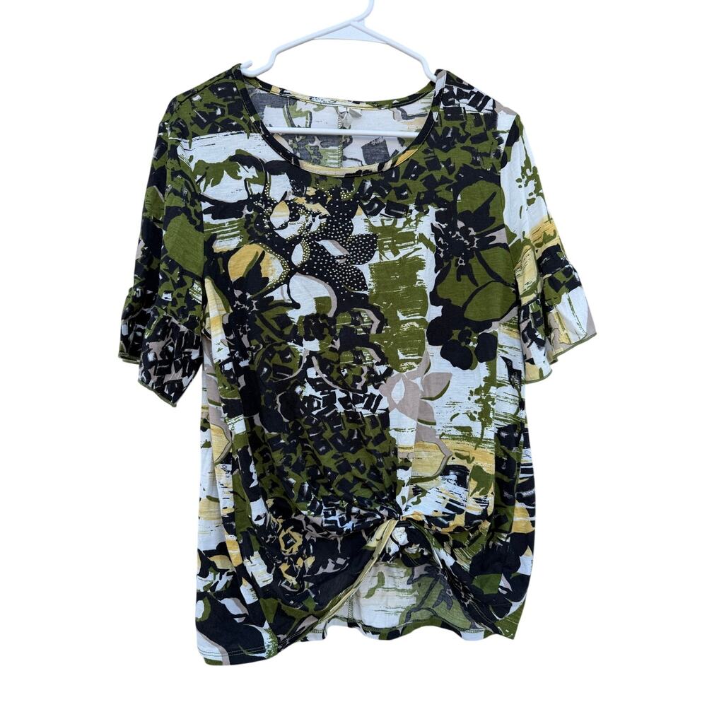 Cato Floral Abstract Ruffle Short Sleeve Front Knot Detail Size Large Length